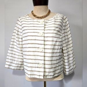 Louben Linen White and Brown Button-Up Cropped Jacket. Size 12